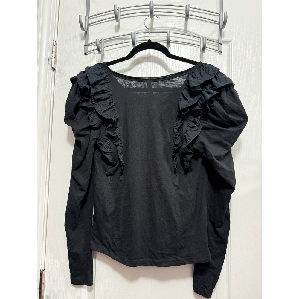 Anthropologie Black Ruffle Neck Long Sleeve Top Women's S Cotton Feminine Chic - Picture 2 of 16